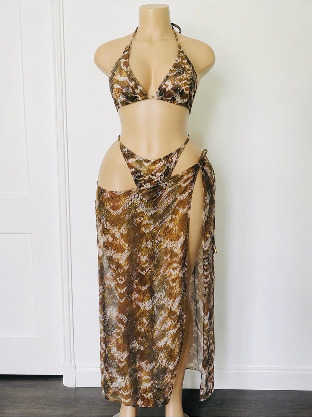Women's Snake-Print Bandeau Bikini Set with Sheer Sarong - Brown